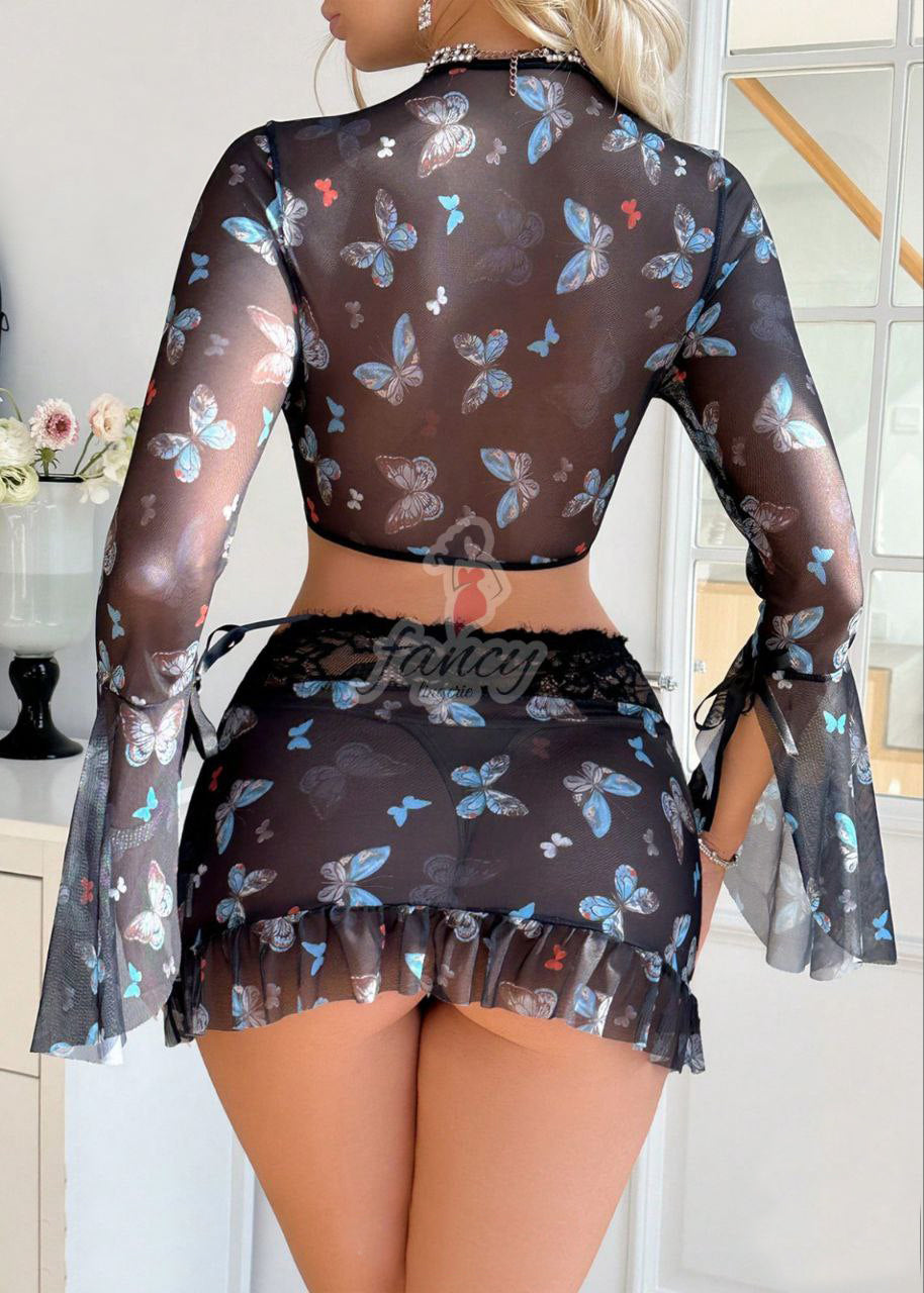 Three-piece lingerie made of chiffon and lace