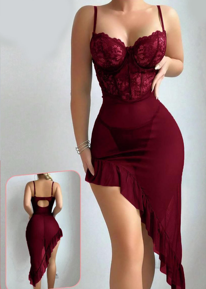 2pcs/Set Ruffle Lace Contrast Mesh Underwire Chemise Nightgown & Thong