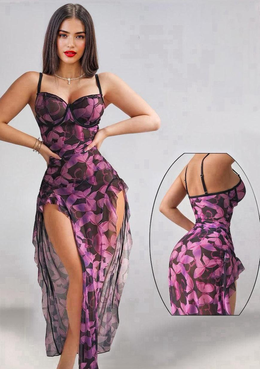 Ruffle Trim Long Dress بفتحات من الجانبين شيفون طويل شفاف