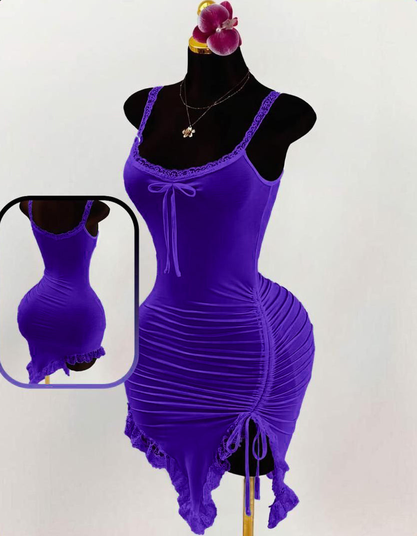 Women Lace Patchwork Bust Ruched Tie Asymmetrical Hem Dress