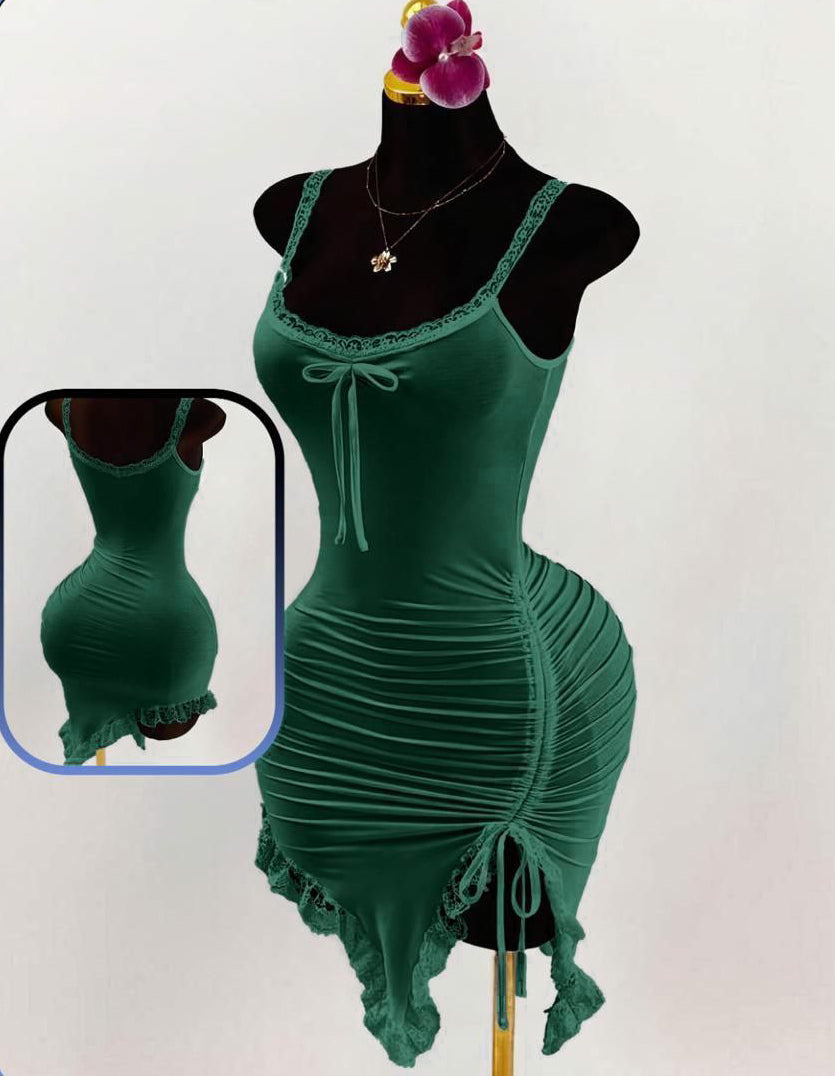 Women Lace Patchwork Bust Ruched Tie Asymmetrical Hem Dress