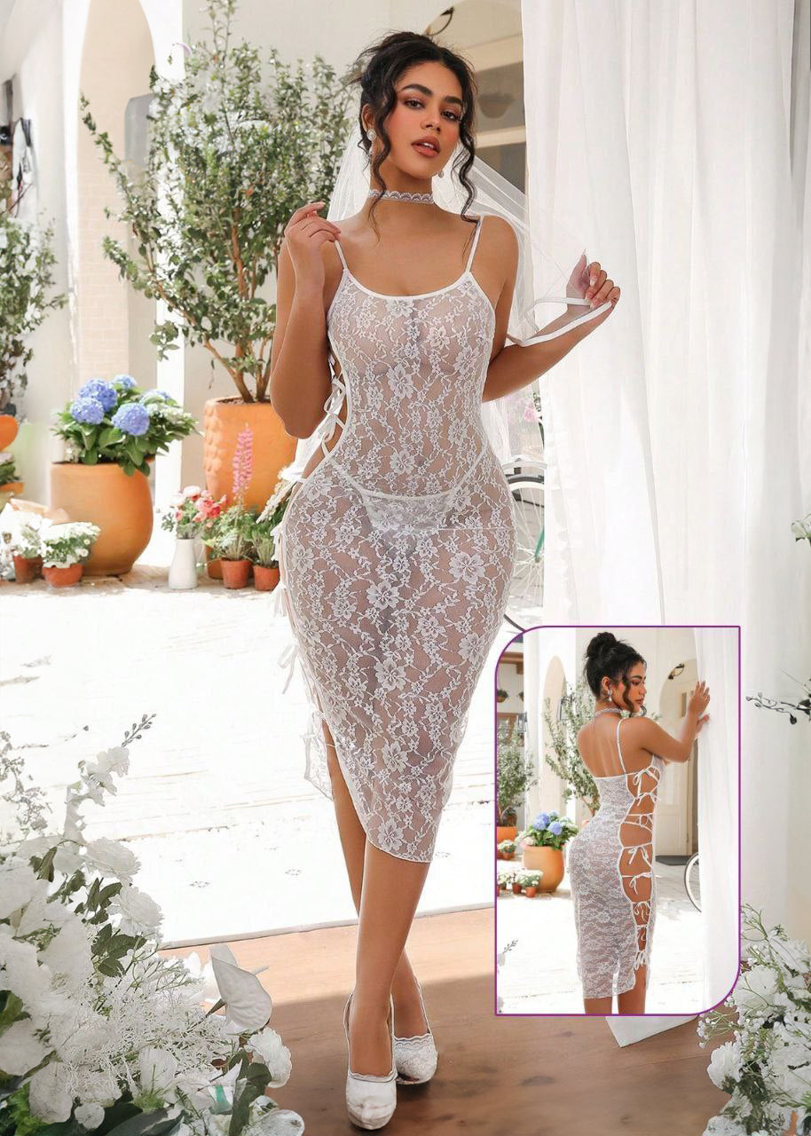 Lace Sexy High Slit Lingerie Set ابيض شفاف اربطه من الجانب