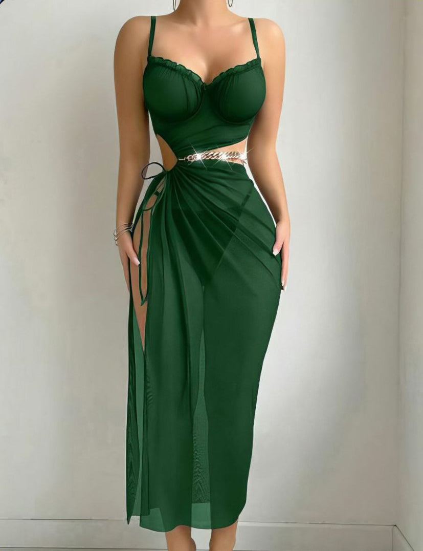 طقم 3 قطع مع سلسله حزام 3-Piece Set: Slit Hollow-Out Drawstring Waist Slimming Long Dress + Thong + Detachable Large Chain Decor Belt, Elegant Party Outfit