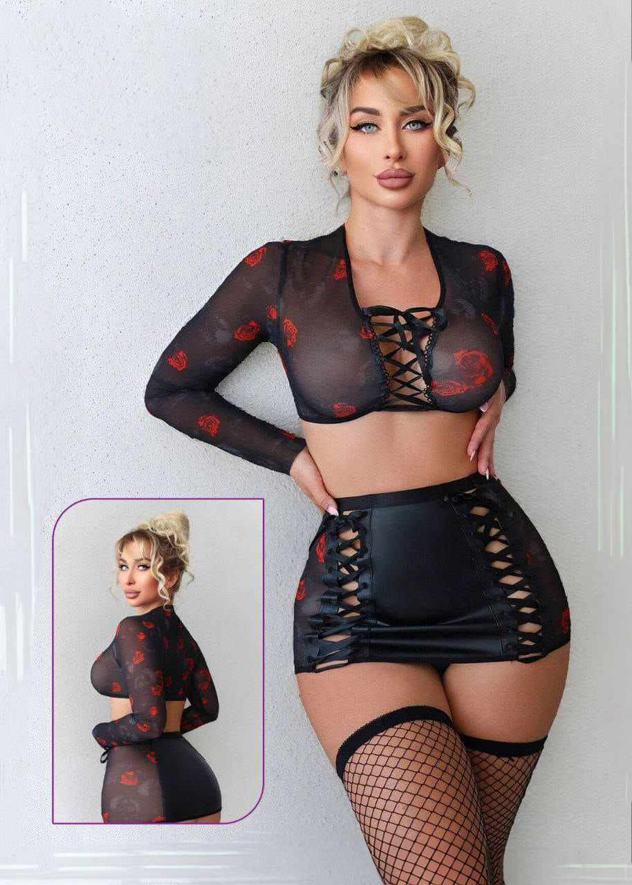 sexy Lingerie Set With Mesh Splicing And Ribbon Details, طقم 3 قطع