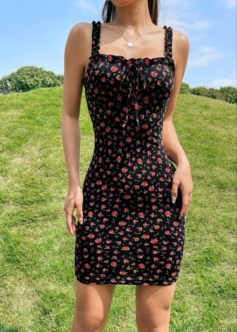 Ditsy Floral Print Frill Trim Knot Front Cami Dress