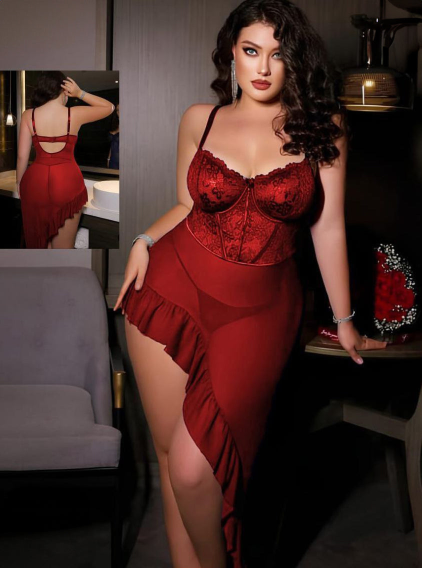 Curve 2pcs/Set Valentine's Lace Contrast Mesh Plus Size Lingerie Dress With G-String