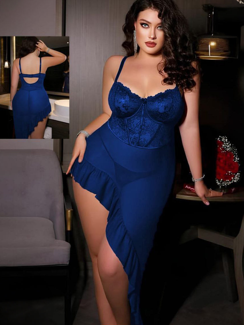 Curve 2pcs/Set Valentine's Lace Contrast Mesh Plus Size Lingerie Dress With G-String