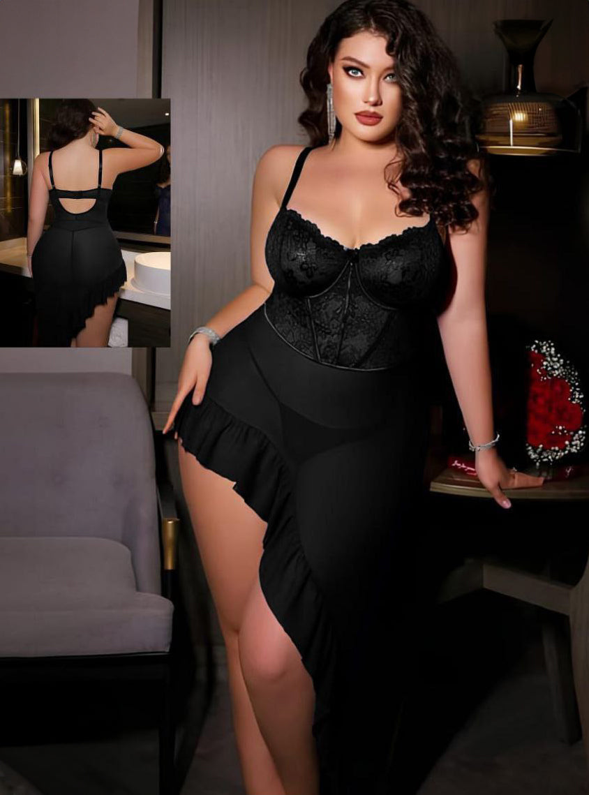 Curve 2pcs/Set Valentine's Lace Contrast Mesh Plus Size Lingerie Dress With G-String
