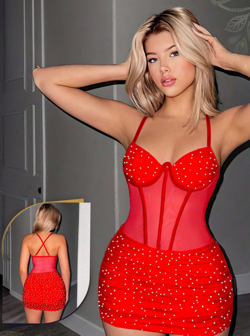 weetina Rhinestone Mesh Contrast Boned Corset Ruched Bodycon Mini Dress