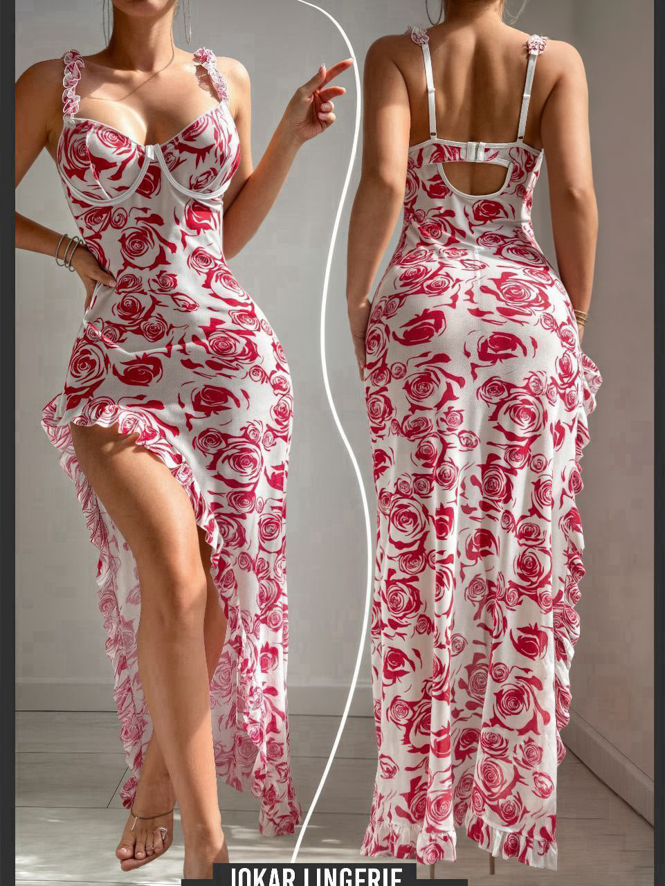 2pcs/Set Romantic Floral Print Ruffle Trim Spaghetti Strap High Slit Dress