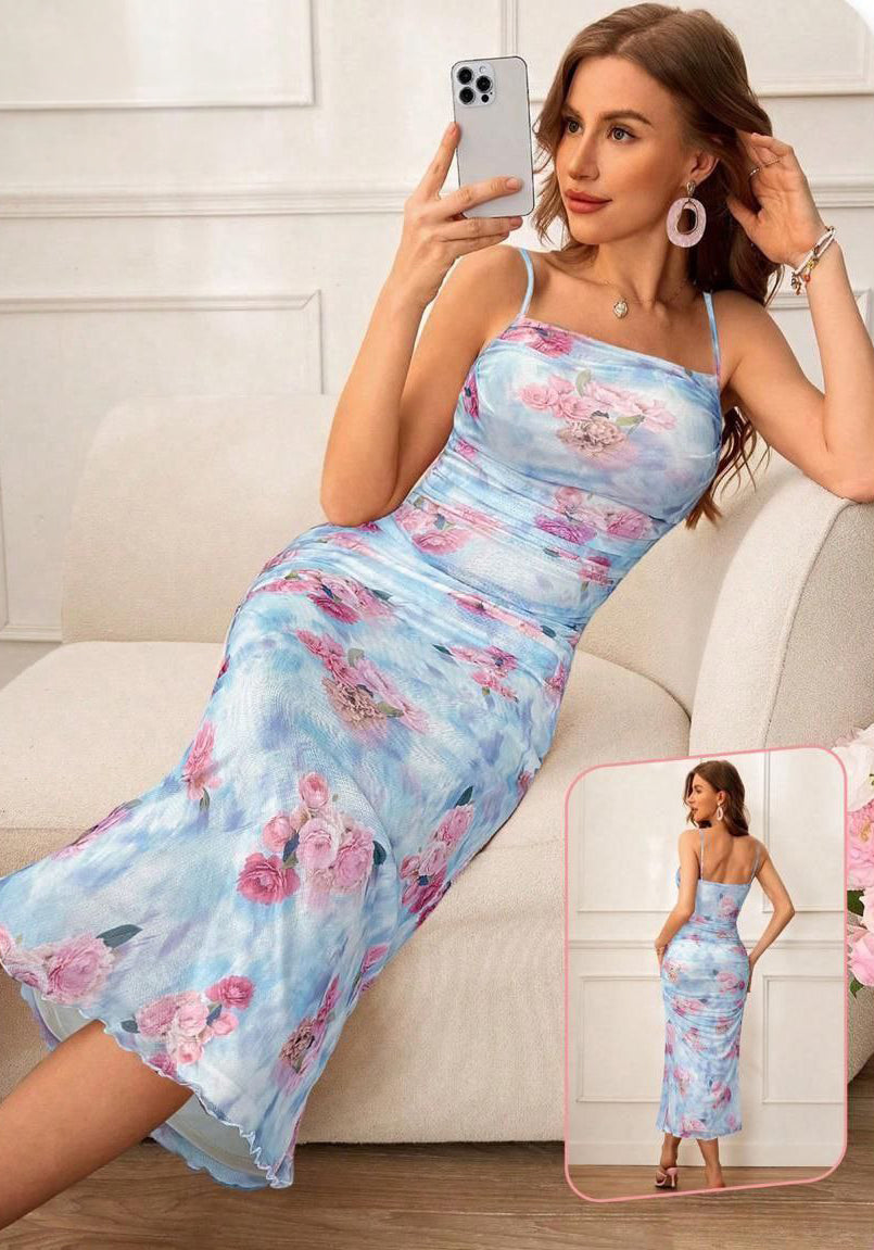 VCAY Woven Romantic Floral Print Cami Dress For Women, Mid-Length,Summer Dresses