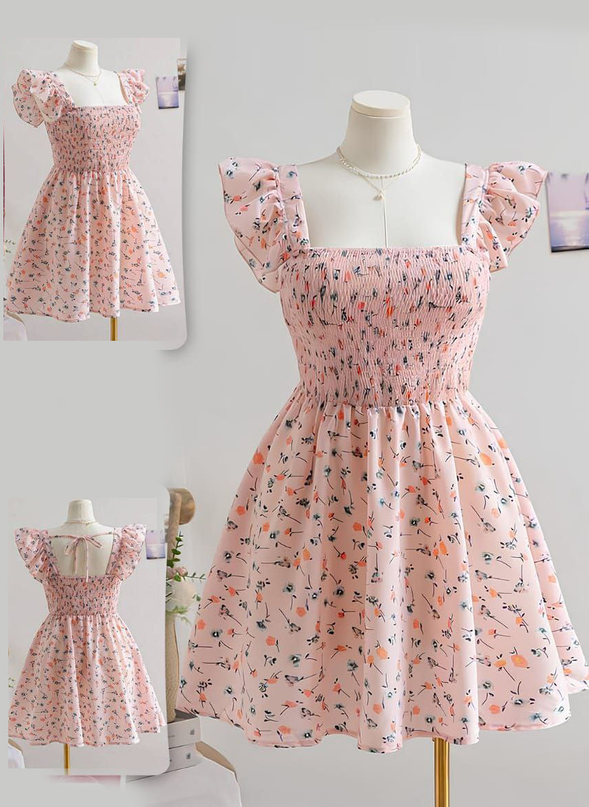 Women Boho Ditsy Floral Shirred Cap Sleeve Dress, ,Holiday Outfits