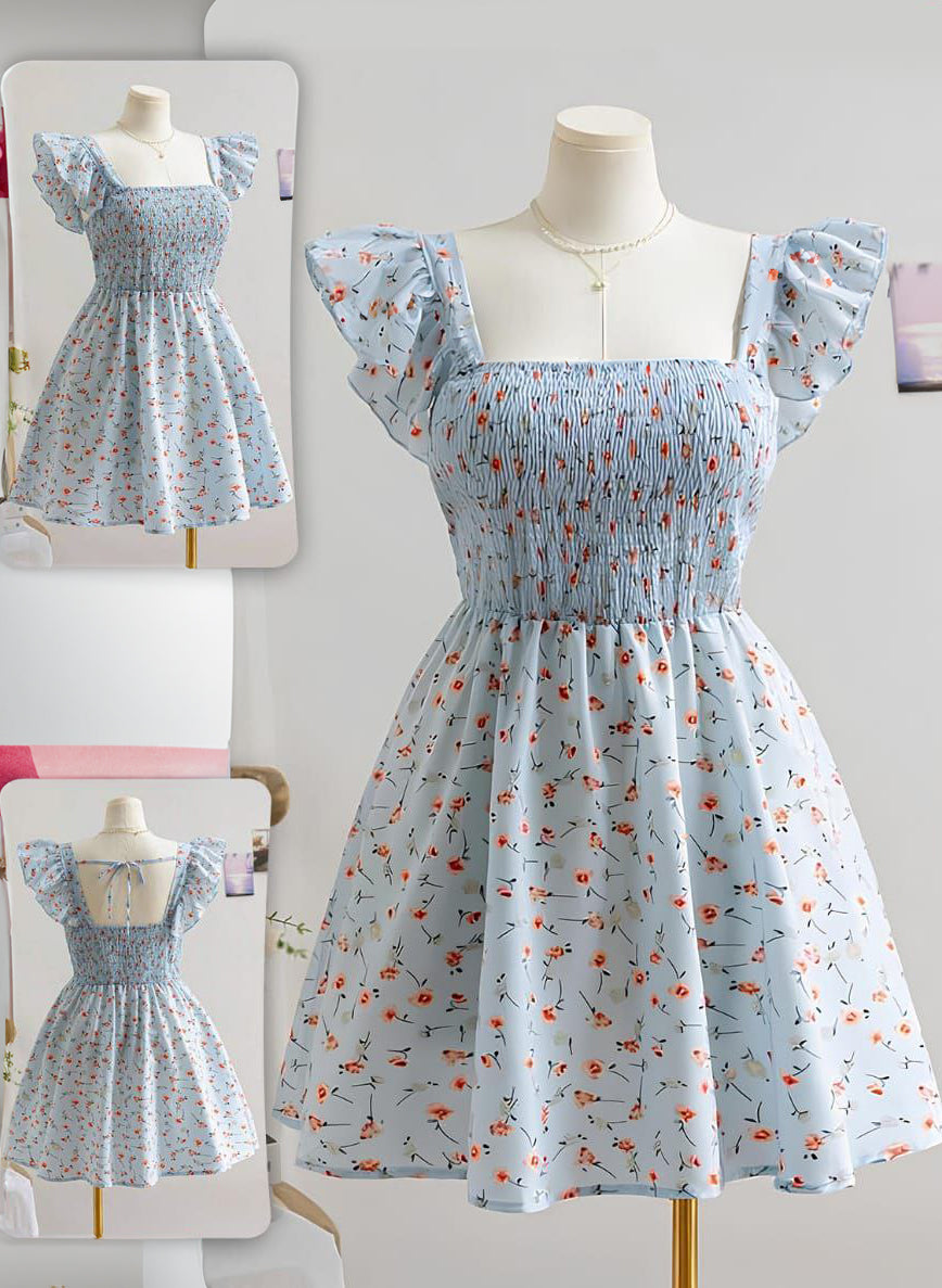 Women Boho Ditsy Floral Shirred Cap Sleeve Dress, ,Holiday Outfits