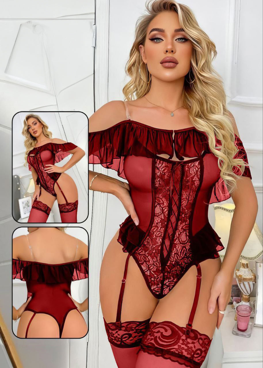 Contrast Lace Lace-Up Front Corset Lingerie Set