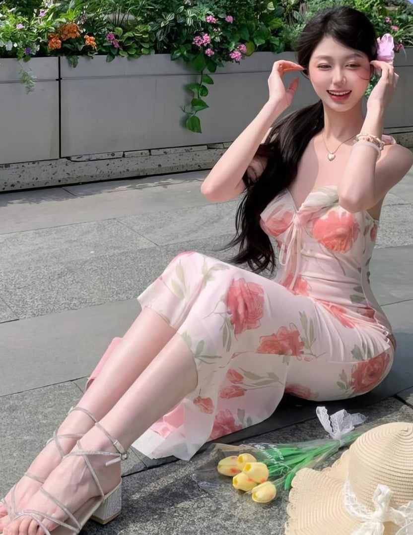 Ditsy Floral V-Neck Dress For Women, Asymmetrical Ruffle Hem, Fitted Bodycon Dress, Summer