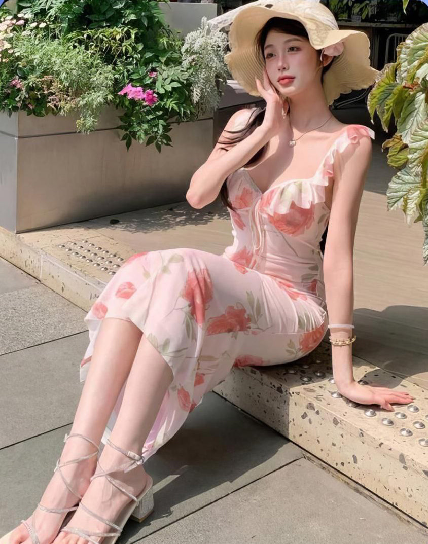 Ditsy Floral V-Neck Dress For Women, Asymmetrical Ruffle Hem, Fitted Bodycon Dress, Summer