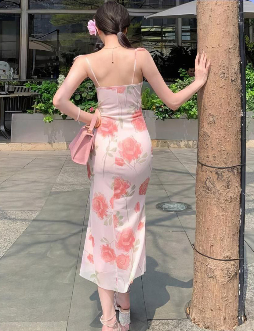 Ditsy Floral V-Neck Dress For Women, Asymmetrical Ruffle Hem, Fitted Bodycon Dress, Summer