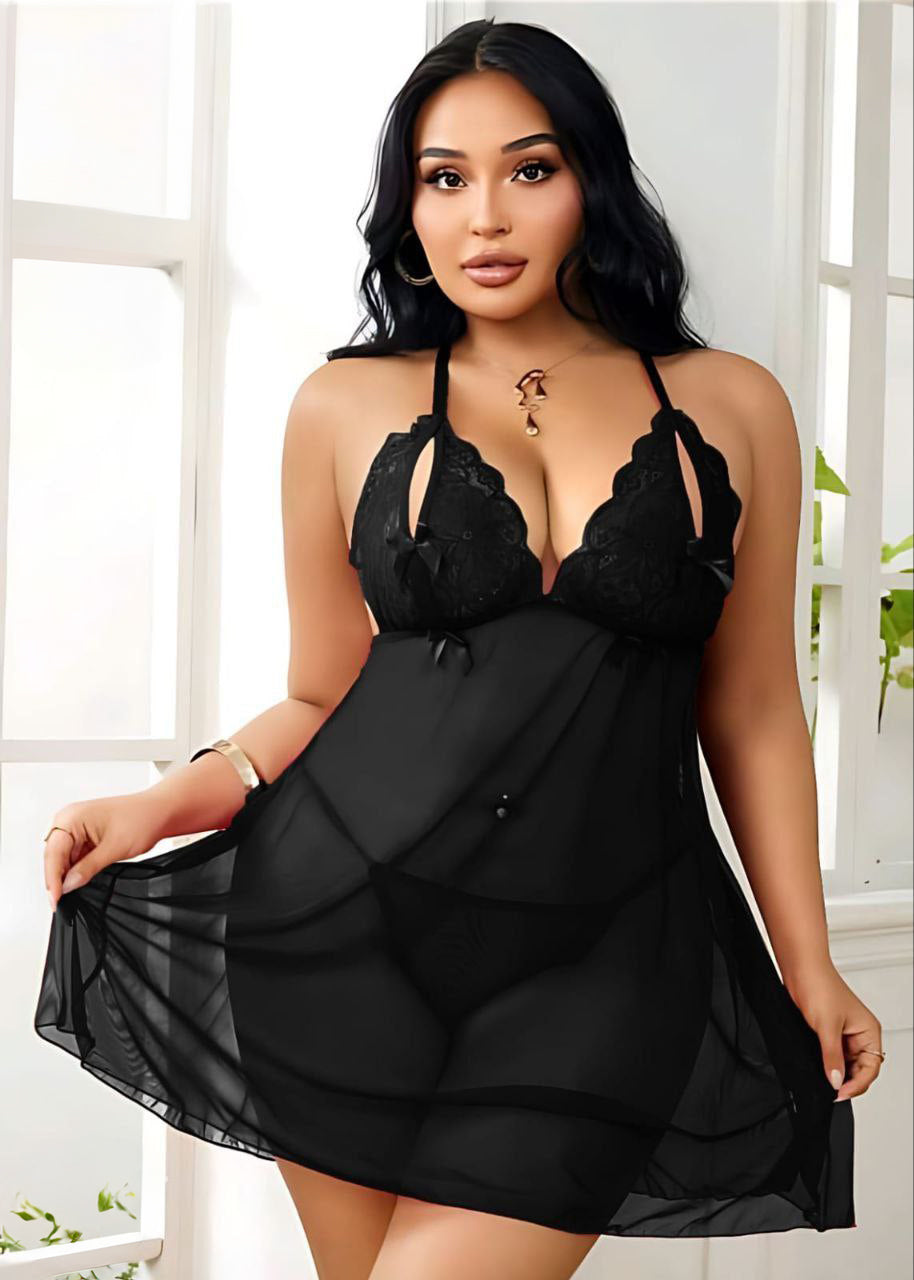 Lace & Mesh Slip Dress, Sexy Lingerie Set فميص تول مفتوح من الظهر