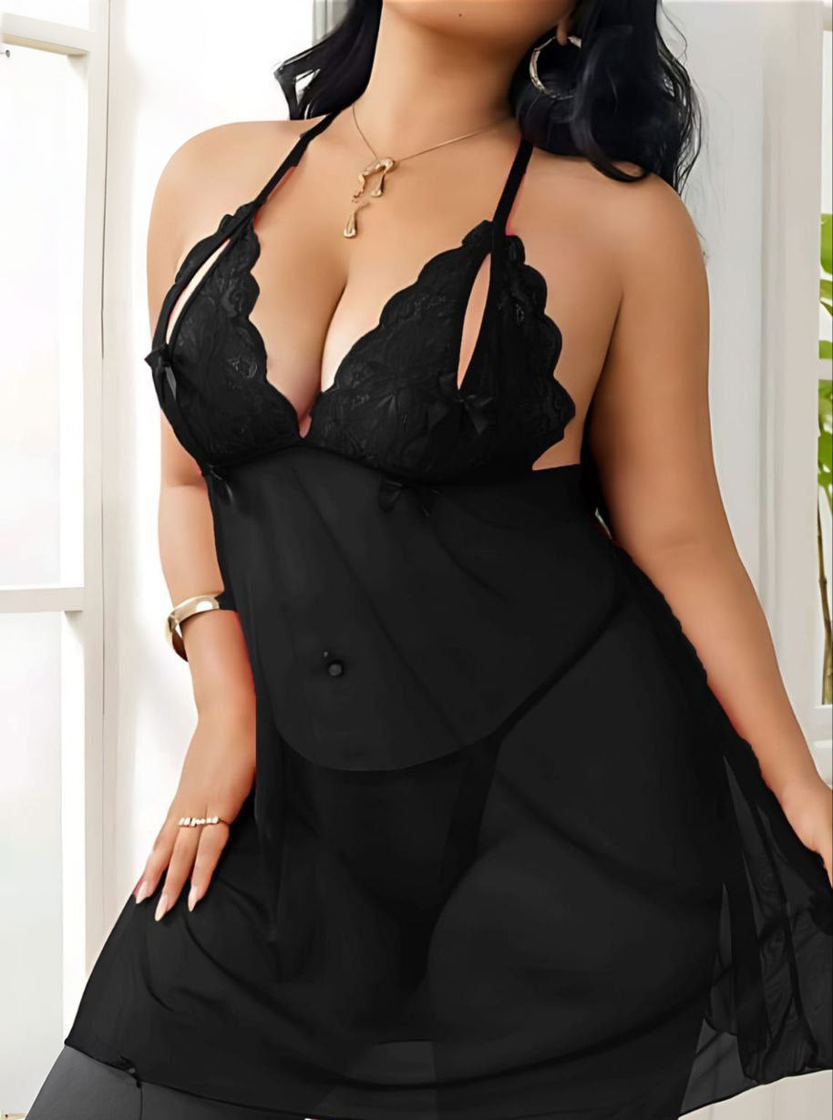 Lace & Mesh Slip Dress, Sexy Lingerie Set فميص تول مفتوح من الظهر