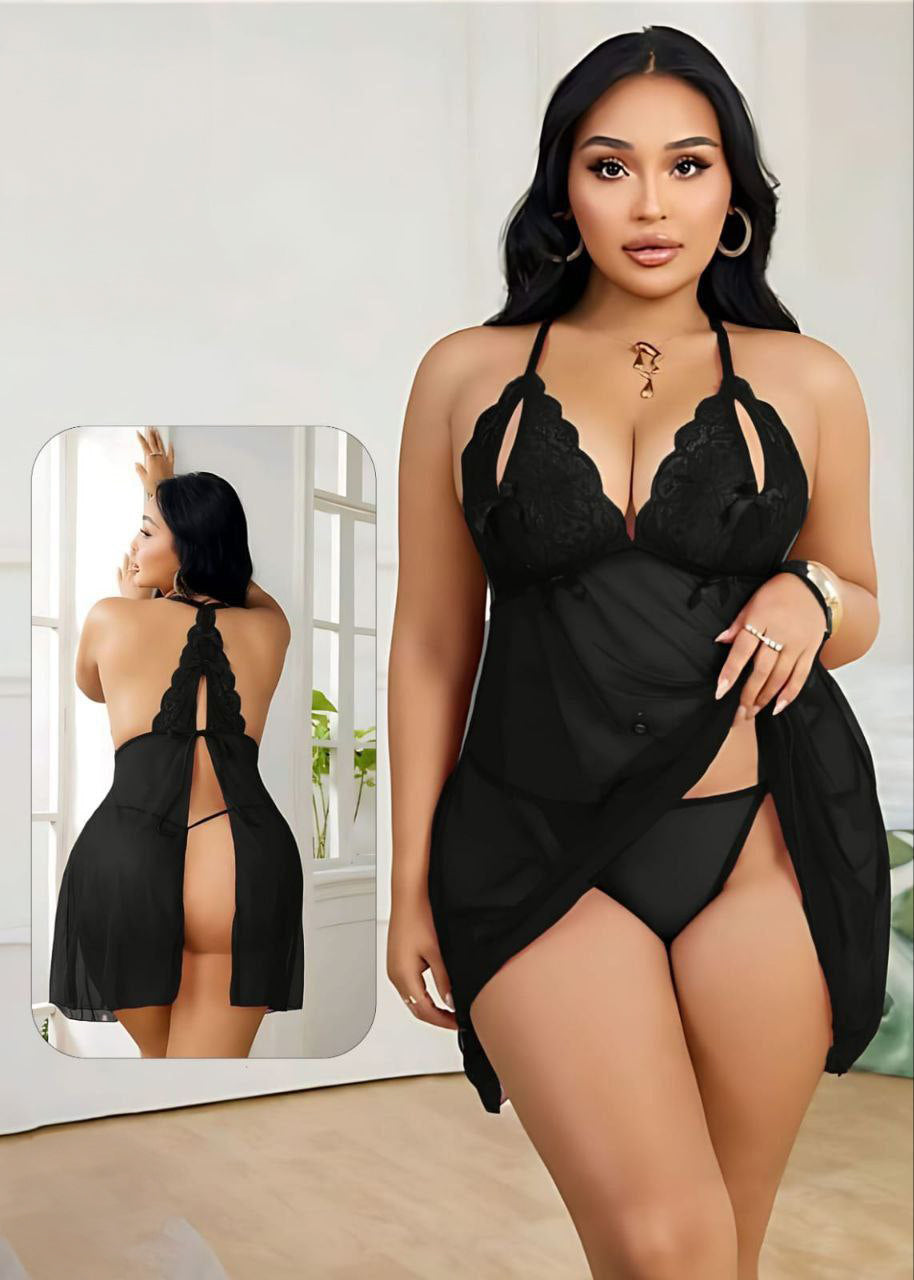Lace & Mesh Slip Dress, Sexy Lingerie Set فميص تول مفتوح من الظهر