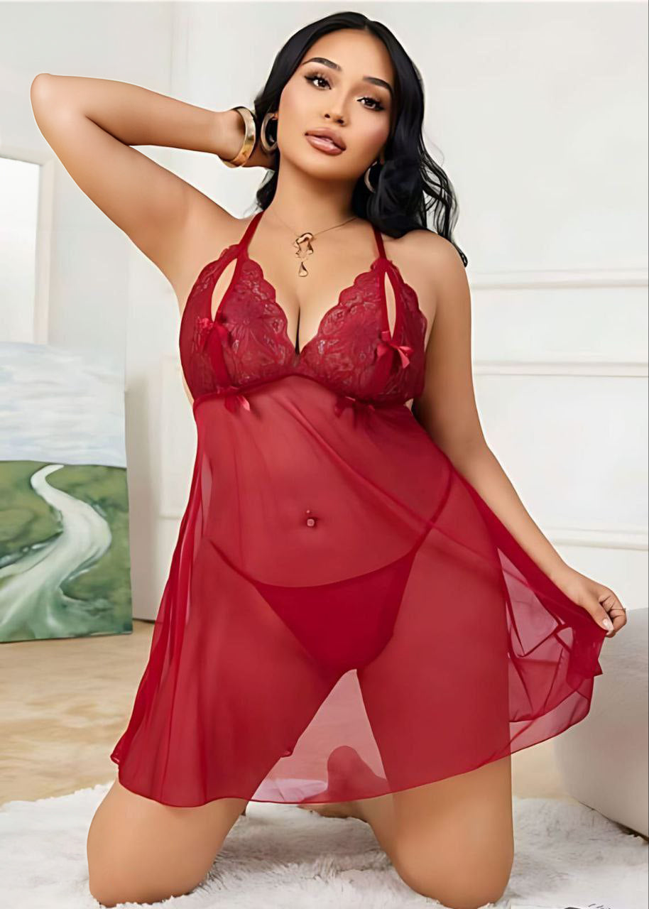 Lace & Mesh Slip Dress, Sexy Lingerie Set فميص تول مفتوح من الظهر