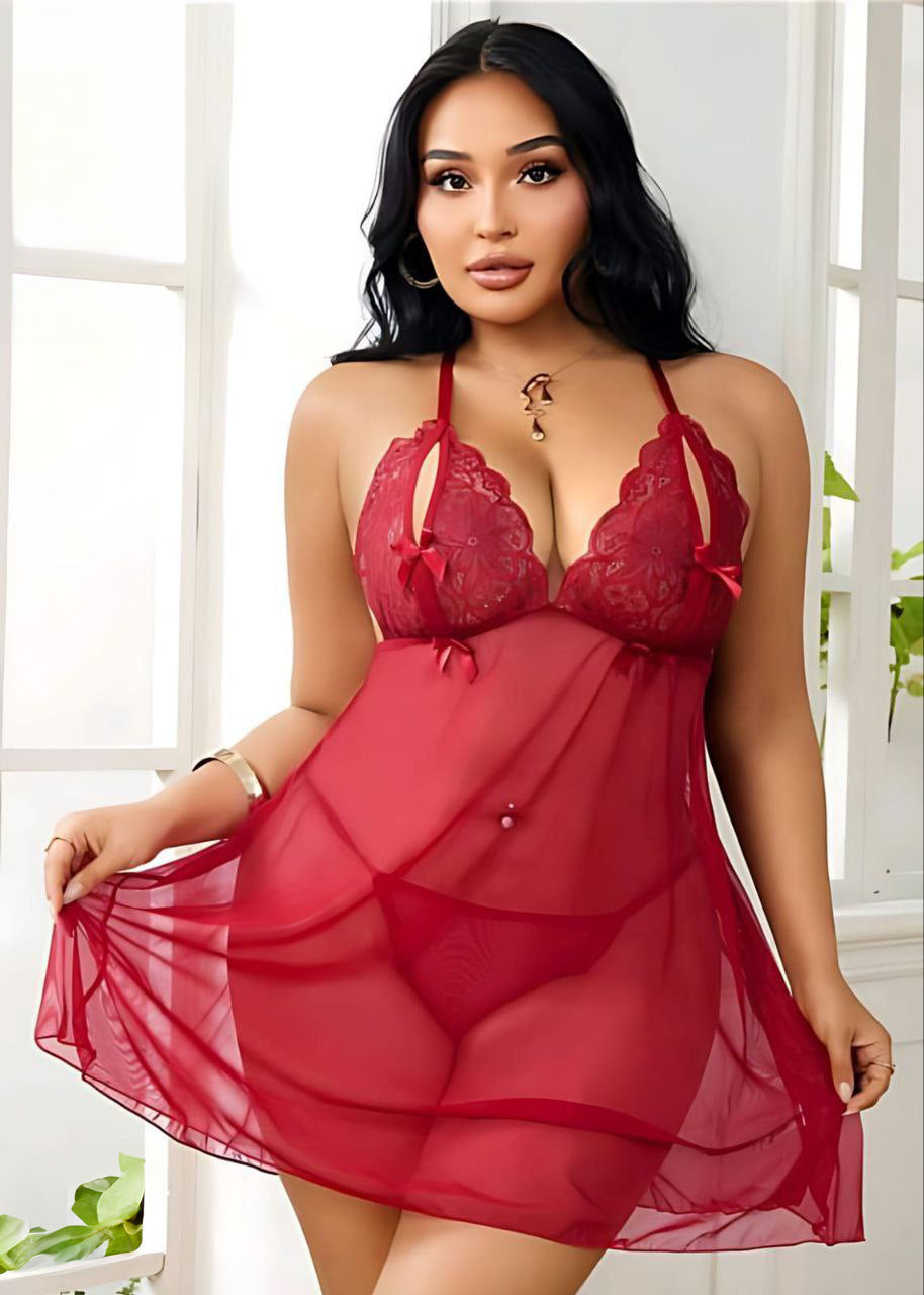 Lace & Mesh Slip Dress, Sexy Lingerie Set فميص تول مفتوح من الظهر
