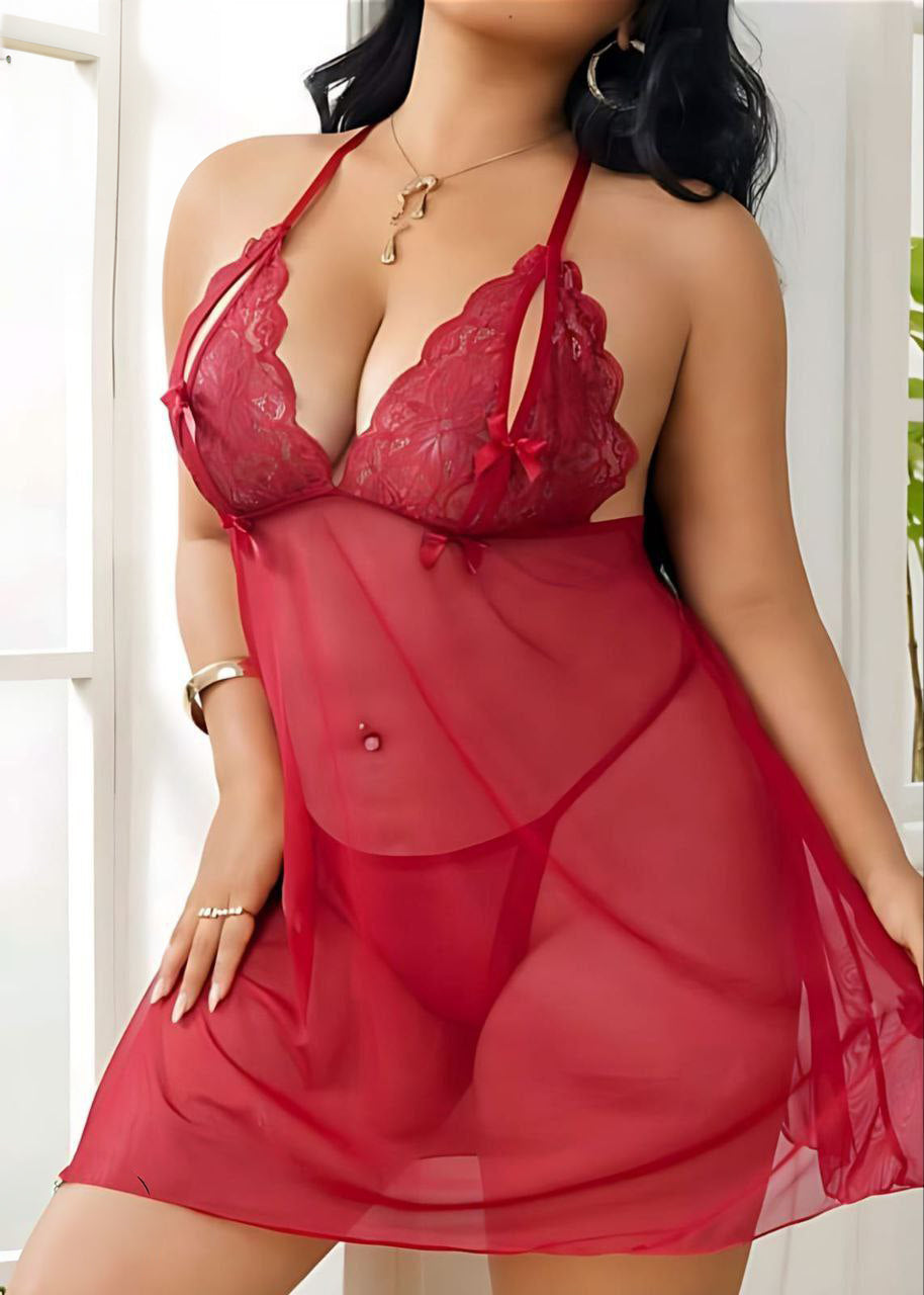 Lace & Mesh Slip Dress, Sexy Lingerie Set فميص تول مفتوح من الظهر