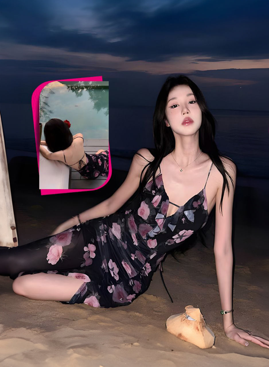 V-Neck Floral Print Slit Mesh Maxi Sheath Dress تول مشجر اربطة من الظهر