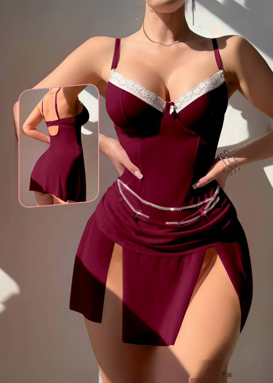 Backless Shaping Camisole See Through Slit Sexy Short Skirt, Metal Accessories شفاف مع كب وسلسلة من الوسط