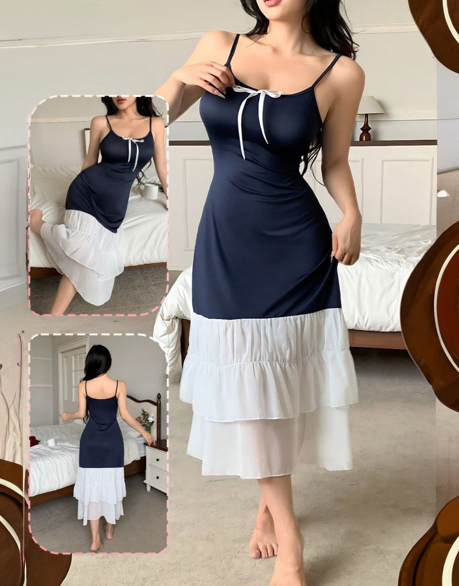 Mini Knitted Loungewear Dress With Chic White Contrast Ruffles