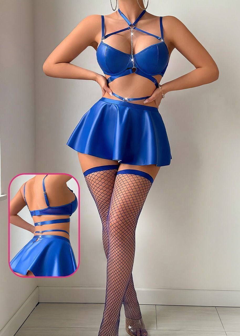 Leather Chain Halter Bralette, Mini Skirt With Fishnet Stockings