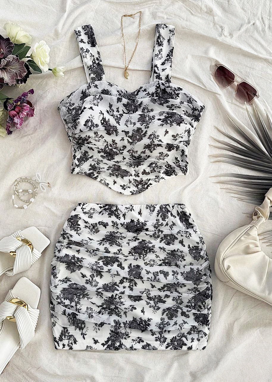 Ditsy Floral Fitted Tank Top And Mini Skirt 2 Pieces Set