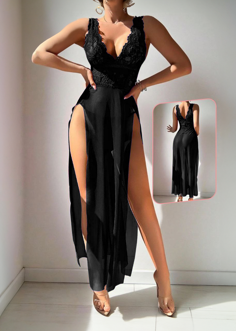 V-Slit Mesh Long Nightgown