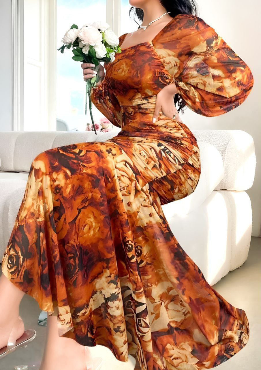 Modelyn Women's Floral Print Square Neck Ruffle Long Sleeve Dress Long Evening Dresses