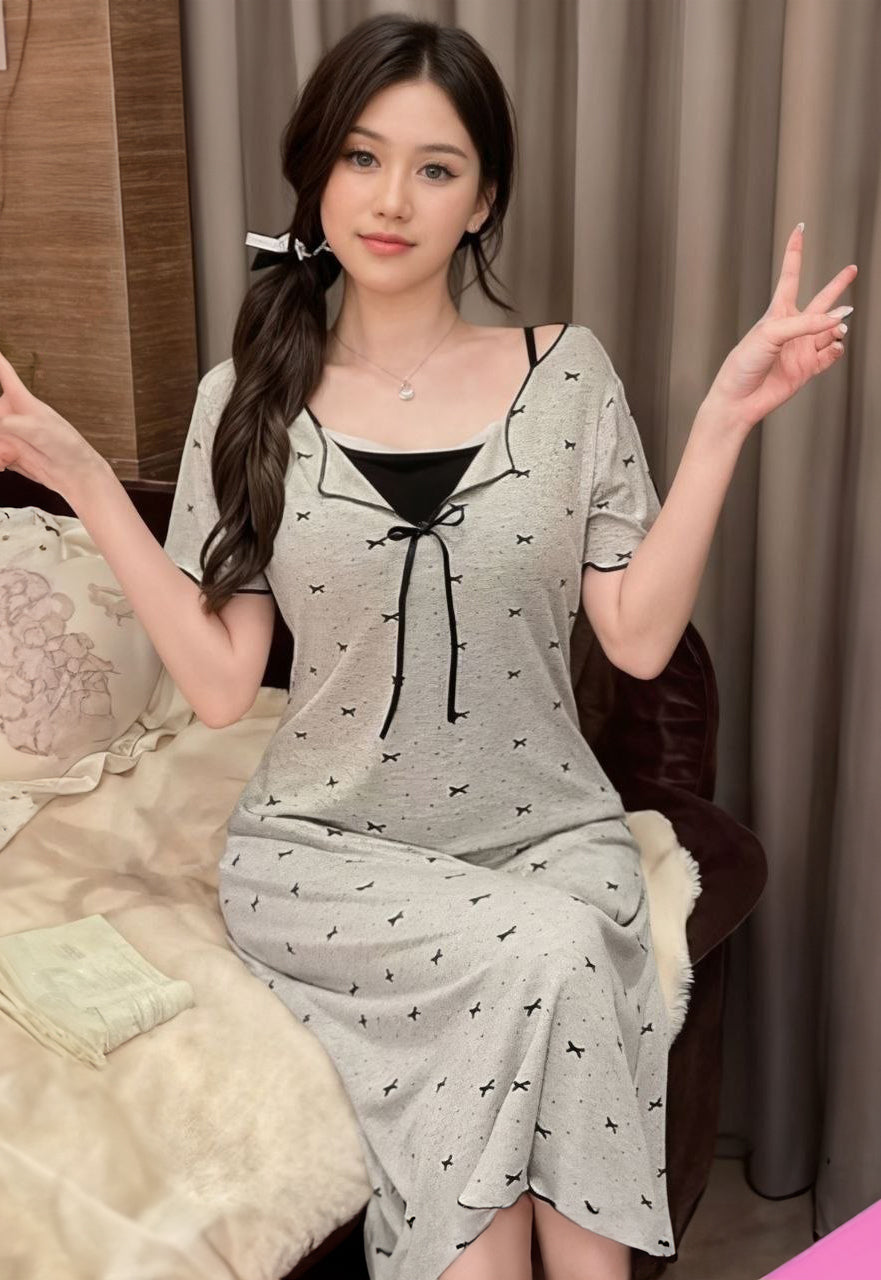 Feyla Bowknot Print V-Neck Bow Decor High Waist Maxi Bodycon Dress