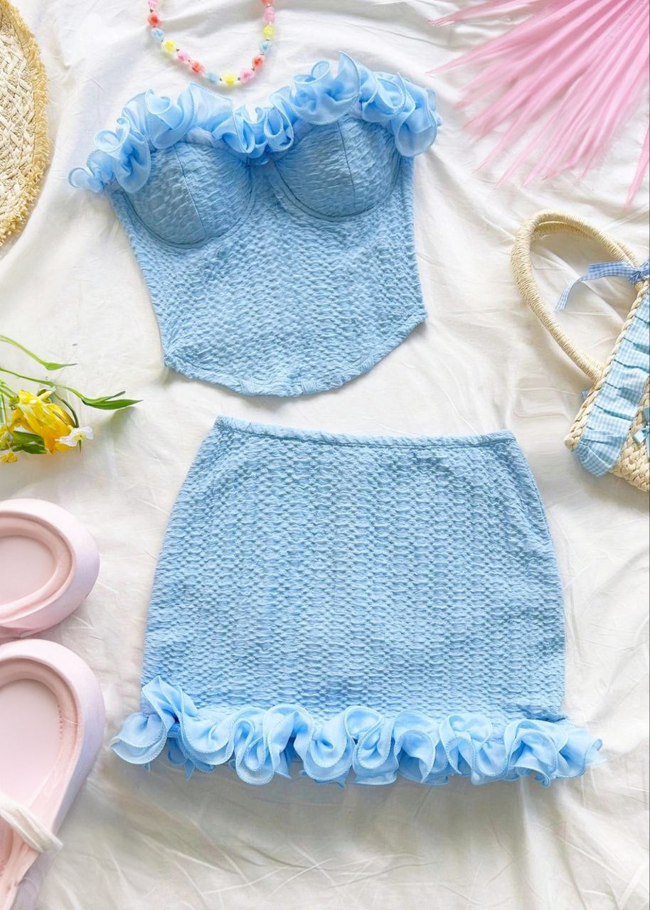 Ruffle Trim Fitted Corset Top And Low Waist Mini Skirt