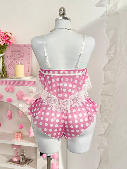 PetitDoll 2pcs Sexy Printed Polka Dot & Lace Patchwork Bow Decor Women Pajama Set