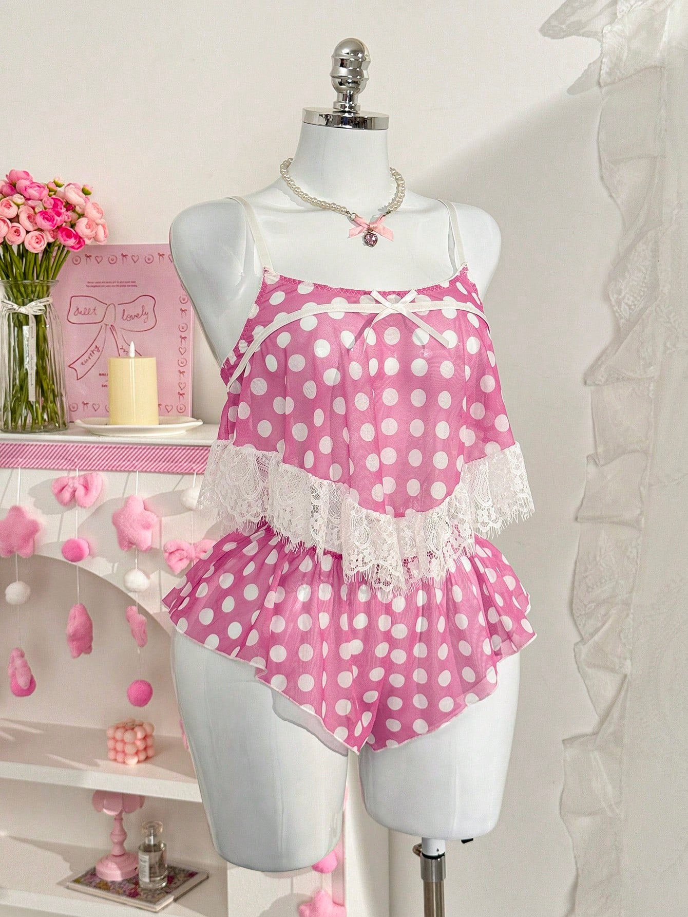 PetitDoll 2pcs Sexy Printed Polka Dot & Lace Patchwork Bow Decor Women Pajama Set