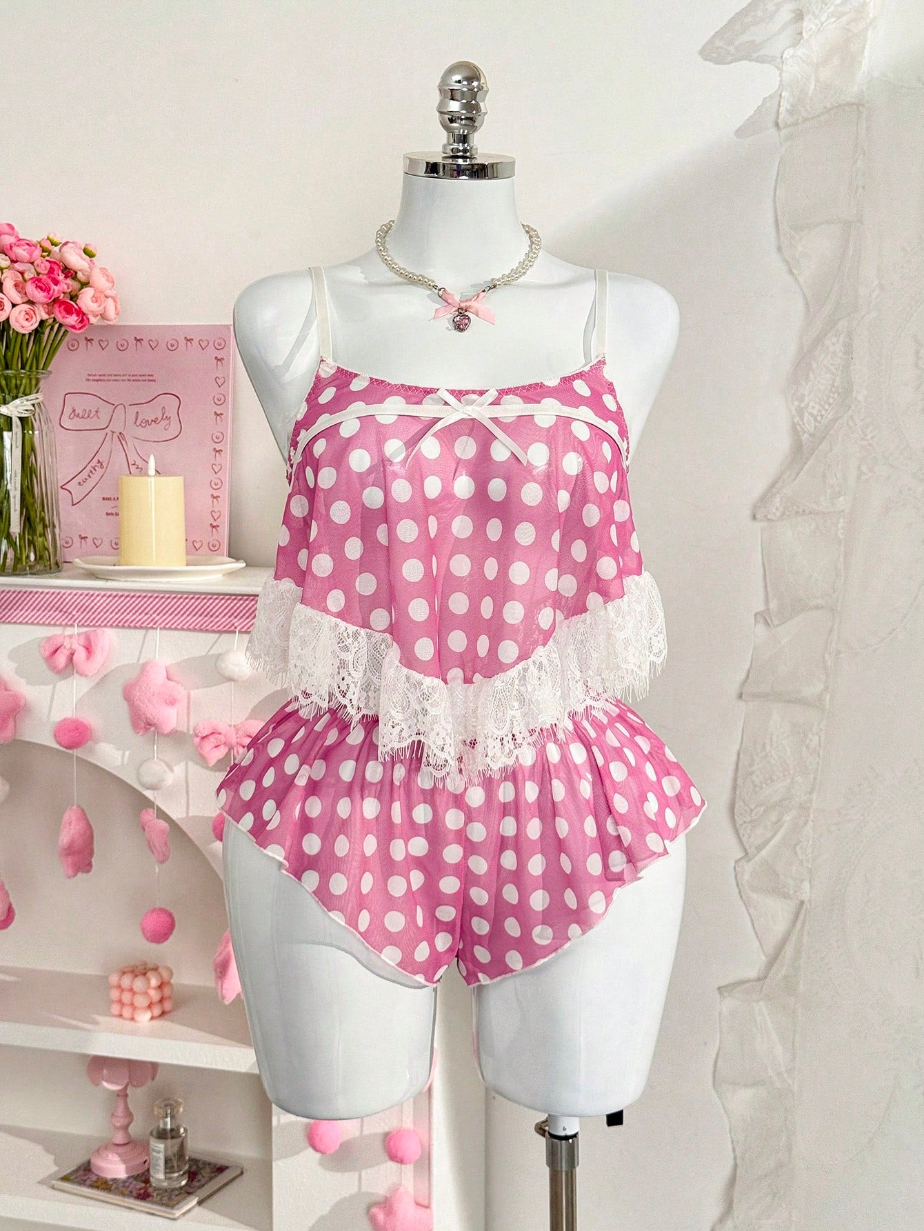 PetitDoll 2pcs Sexy Printed Polka Dot & Lace Patchwork Bow Decor Women Pajama Set
