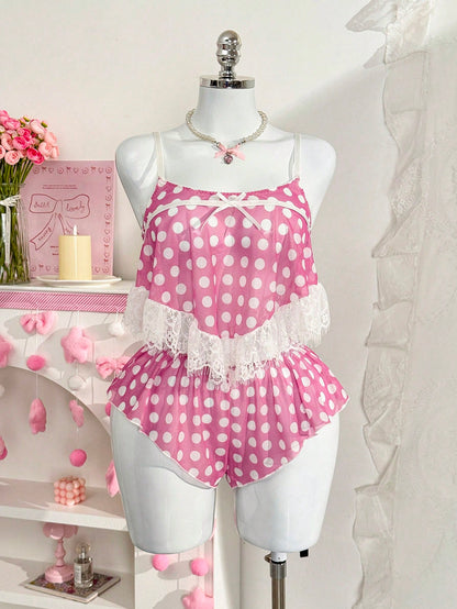 PetitDoll 2pcs Sexy Printed Polka Dot & Lace Patchwork Bow Decor Women Pajama Set