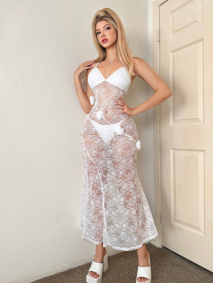 Sweetina Floral Lace Stereo Flower Sheer Cami Dress شفاف ابيض مع كب