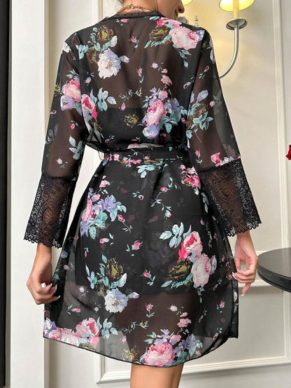 Floral Print Contrast Lace Cami Dress & Belted Robe PJ Set