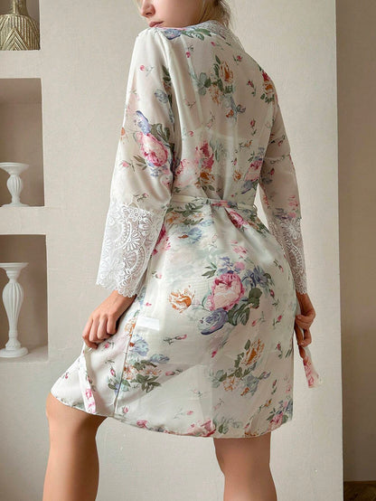 Floral Print Contrast Lace Cami Dress & Belted Robe PJ Set