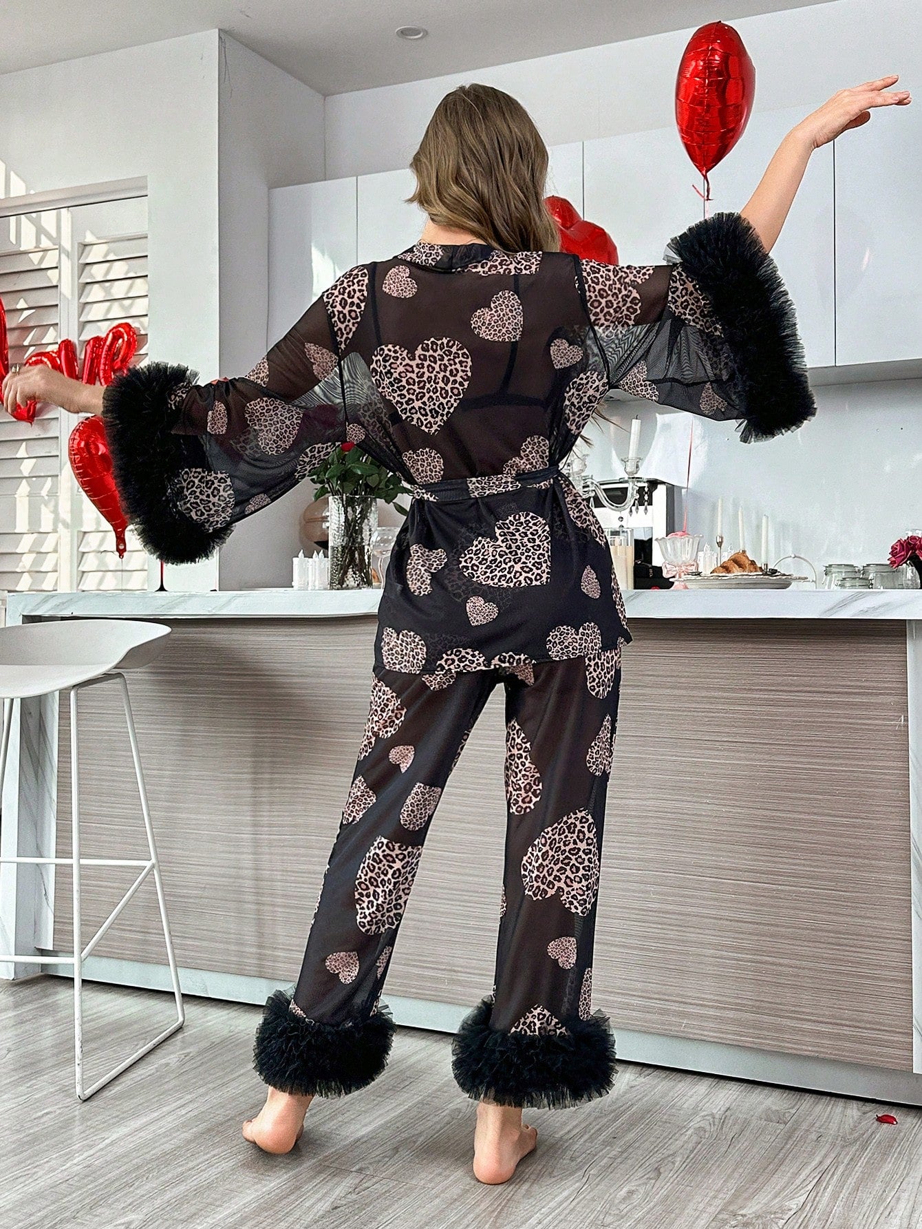 Heart Leopard Print Mesh Floral Lace Trim Long Sleeve Pajama Set بيجامه تول شفافه 4 قطع