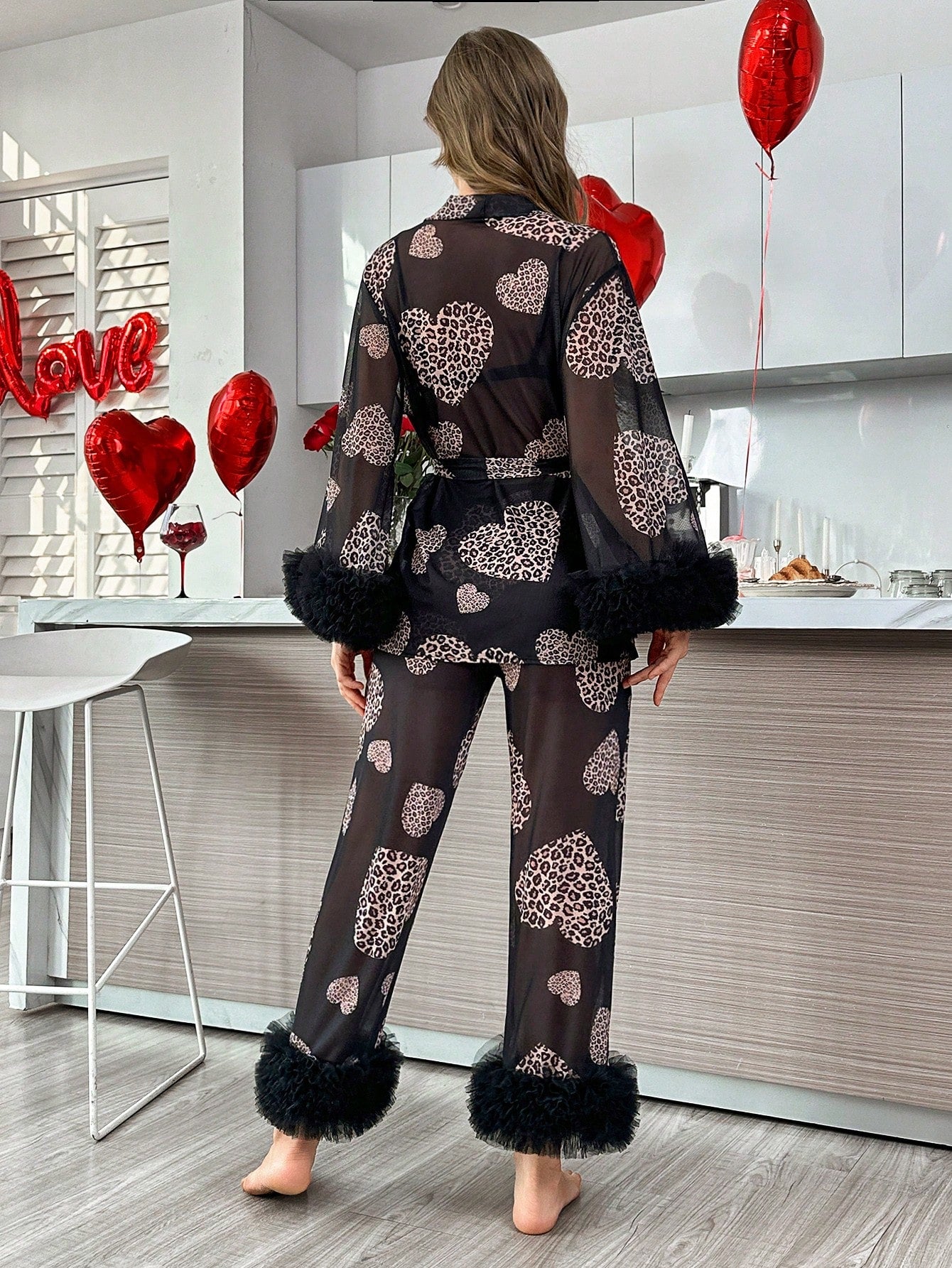 Heart Leopard Print Mesh Floral Lace Trim Long Sleeve Pajama Set بيجامه تول شفافه 4 قطع