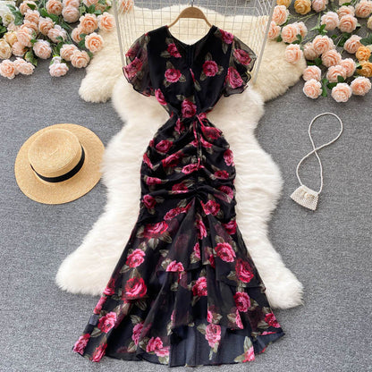 Luxury Celebrity Chiffon Printed Temperament Ruffle Edge Fishtail Dress