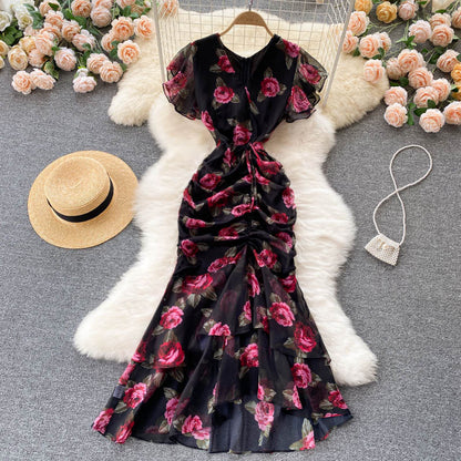 Luxury Celebrity Chiffon Printed Temperament Ruffle Edge Fishtail Dress