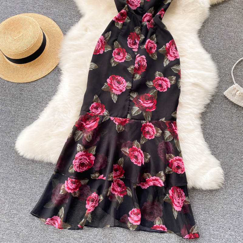 Luxury Celebrity Chiffon Printed Temperament Ruffle Edge Fishtail Dress