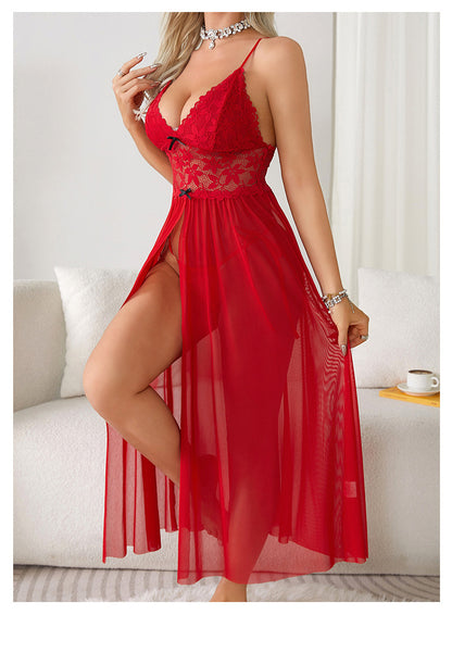 Sexy Women Sleepwear Set With Lace Contrast Mesh  Night Long Dress