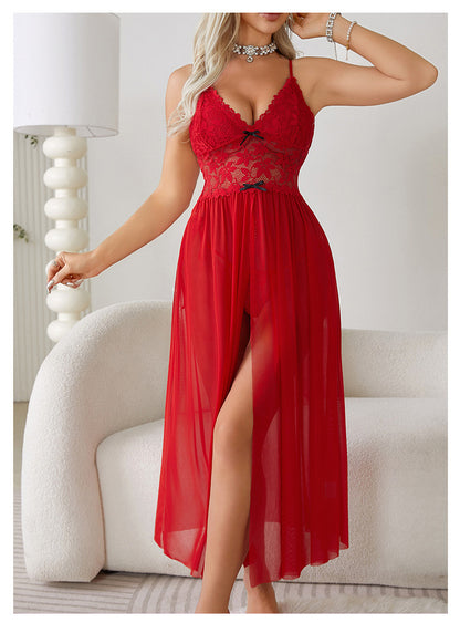 Sexy Women Sleepwear Set With Lace Contrast Mesh  Night Long Dress